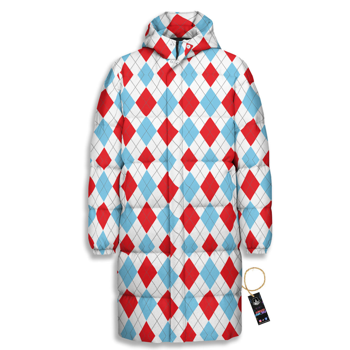 Argyle Blue And Red Print Pattern Long Down Jacket-grizzshop