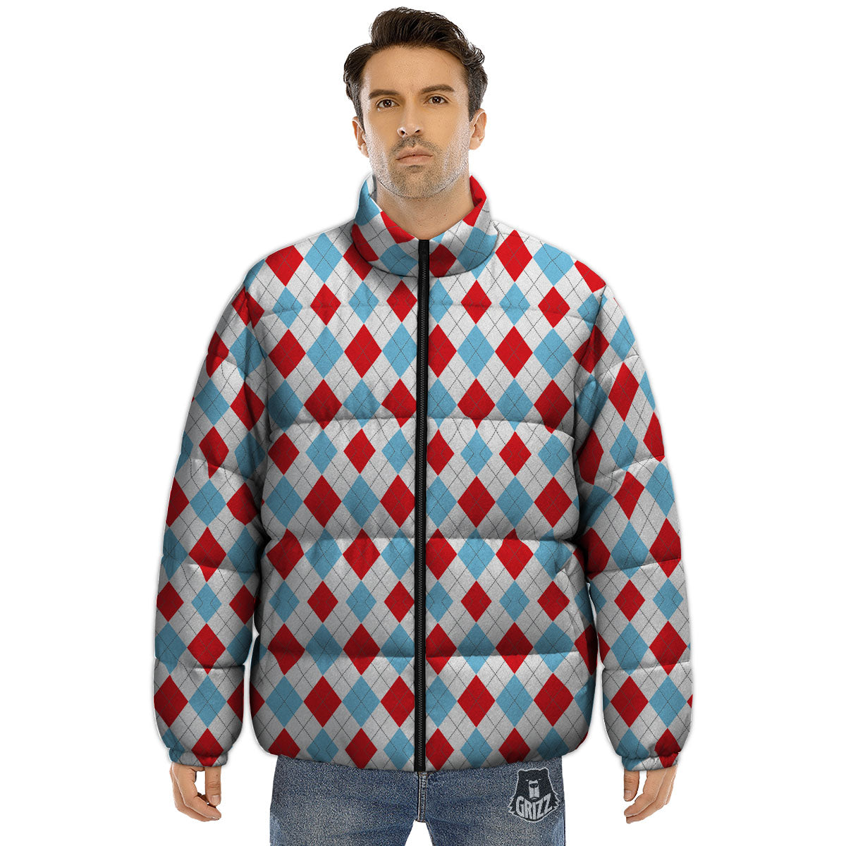 Argyle Blue And Red Print Pattern Puffer Jacket-grizzshop