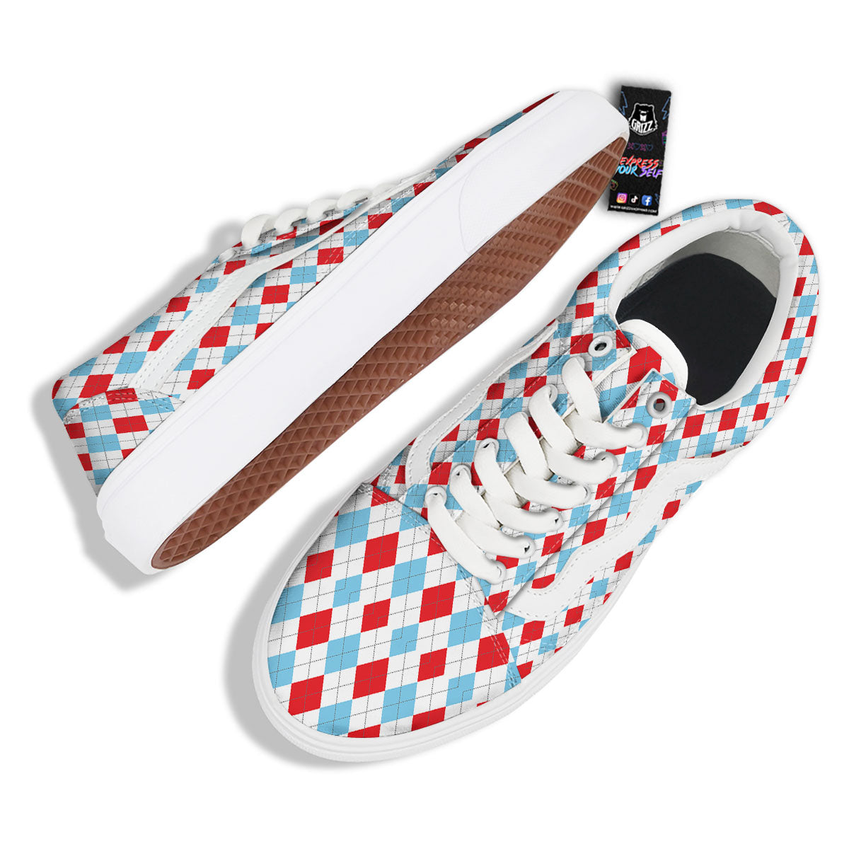 Argyle Blue And Red Print Pattern Skate Shoes-grizzshop