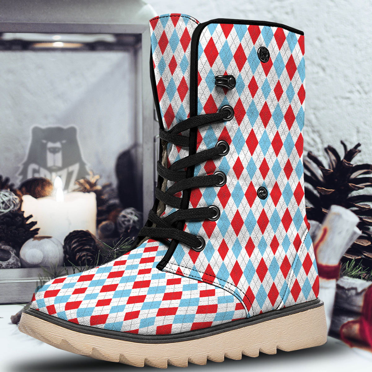 Argyle Blue And Red Print Pattern Snow Boots-grizzshop