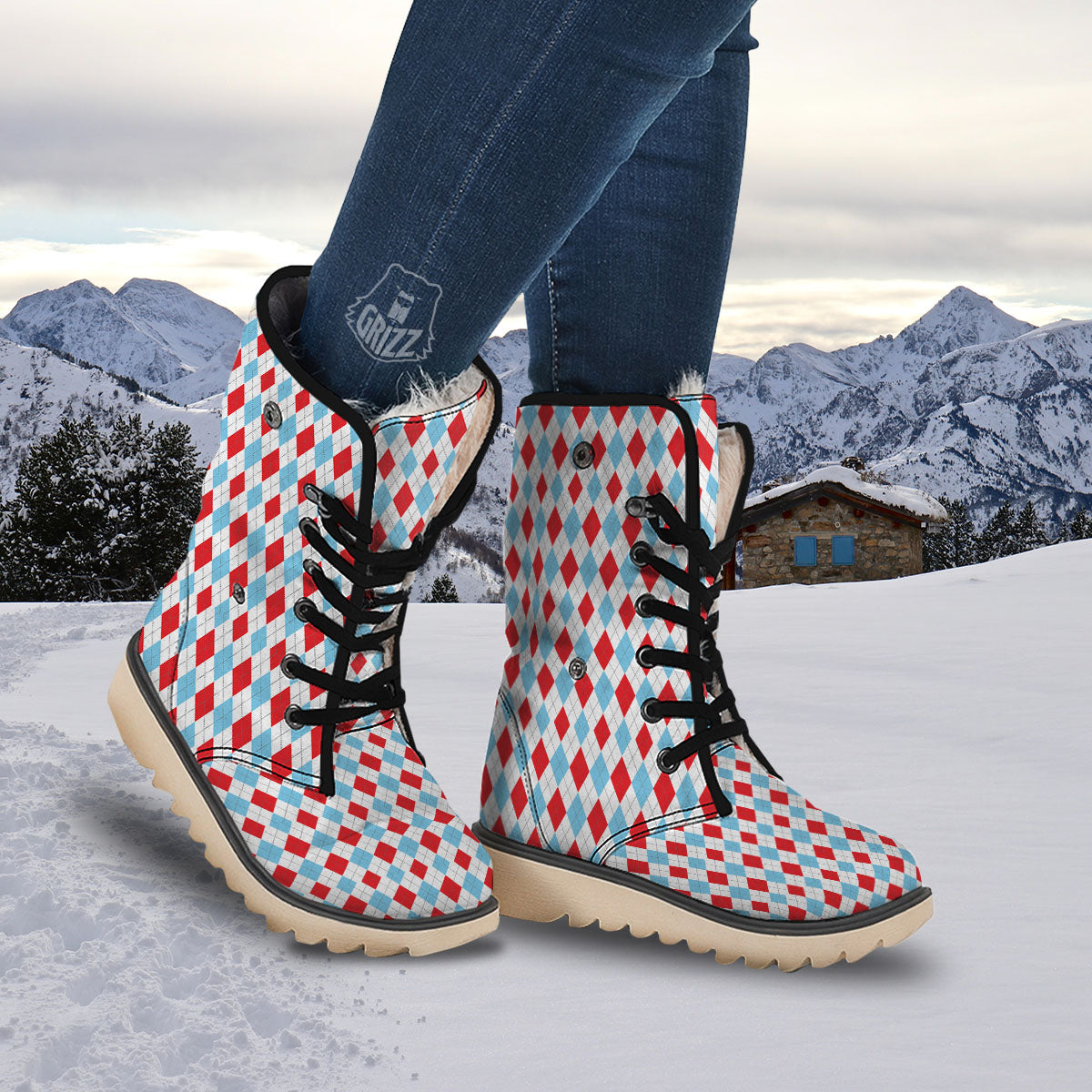 Argyle Blue And Red Print Pattern Snow Boots-grizzshop