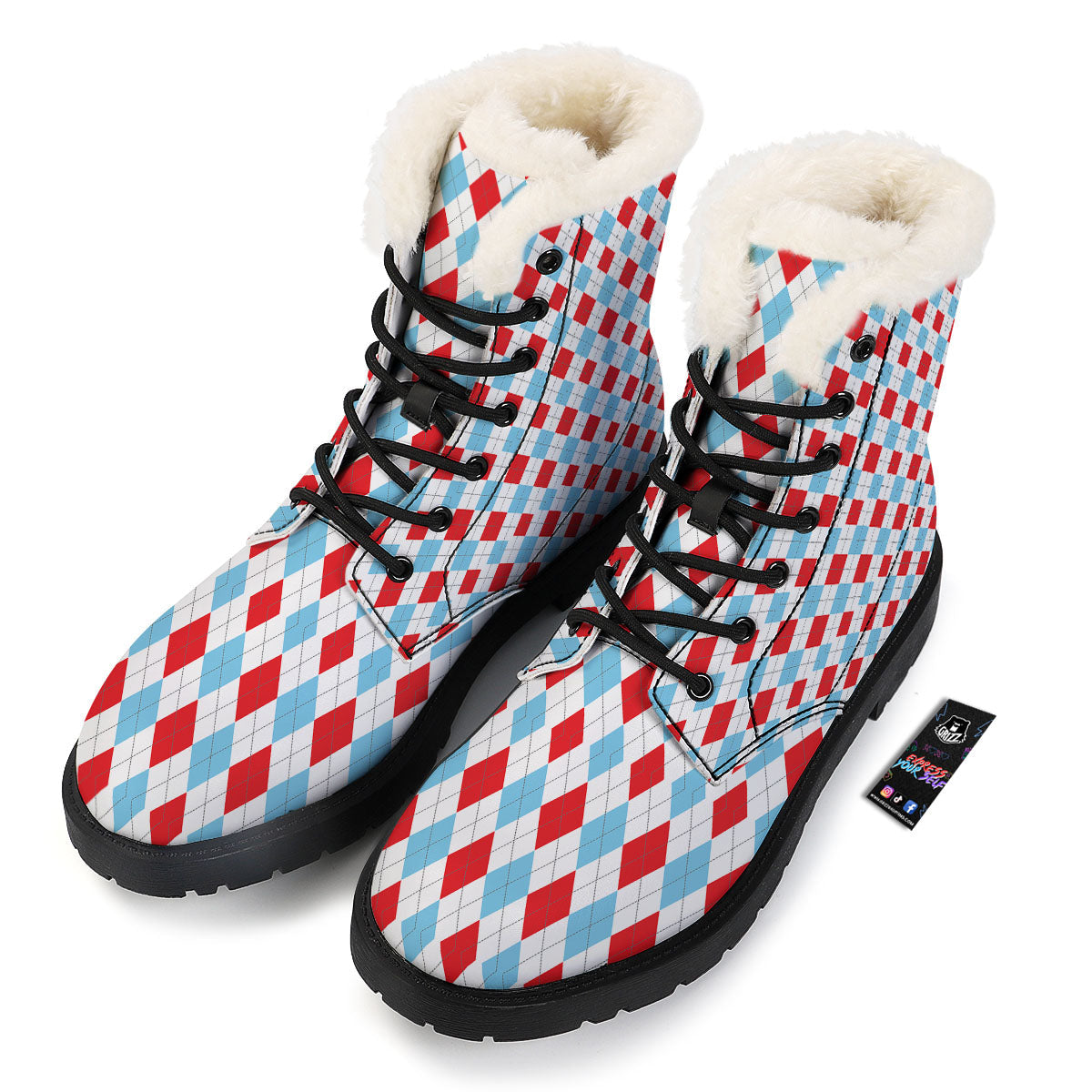 Argyle Blue And Red Print Pattern Winter Boots-grizzshop
