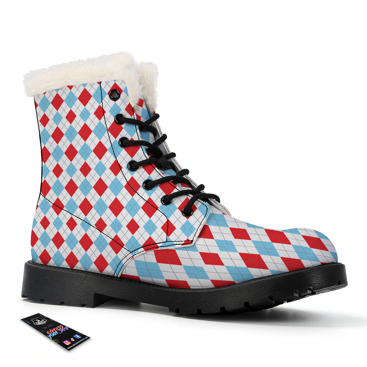 Argyle Blue And Red Print Pattern Winter Boots-grizzshop