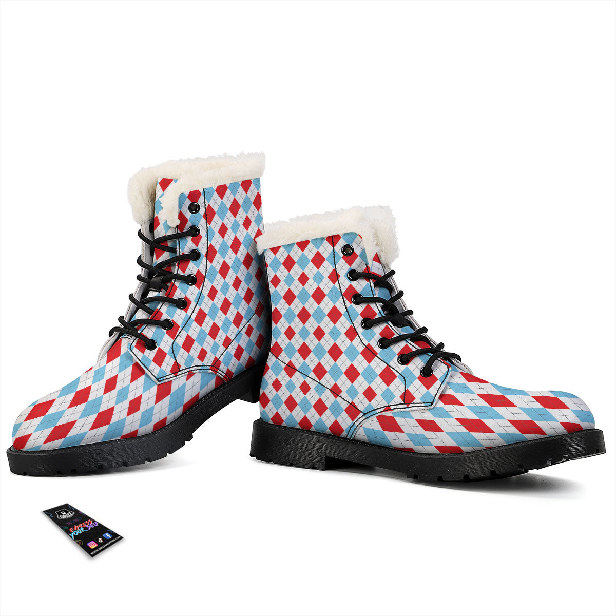 Argyle Blue And Red Print Pattern Winter Boots-grizzshop
