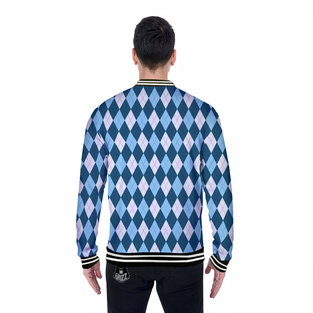 Argyle Blue And White Print Pattern Baseball Jacket-grizzshop