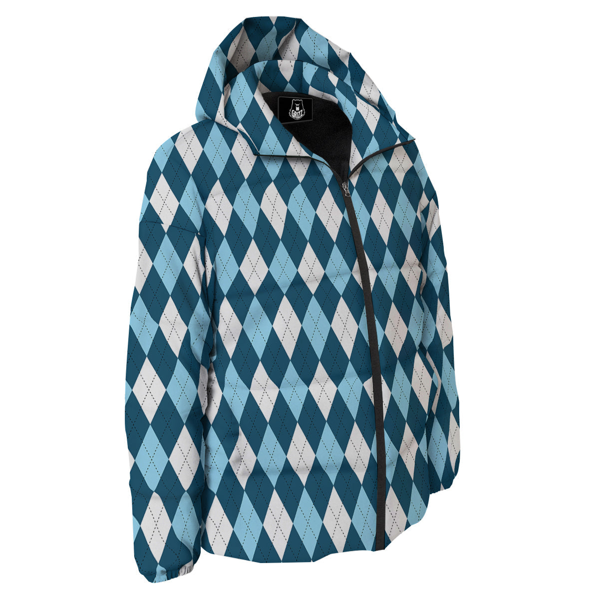 Argyle Blue And White Print Pattern Down Jacket-grizzshop
