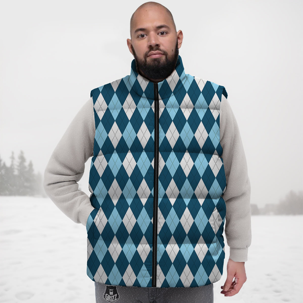 Argyle Blue And White Print Pattern Down Vest-grizzshop