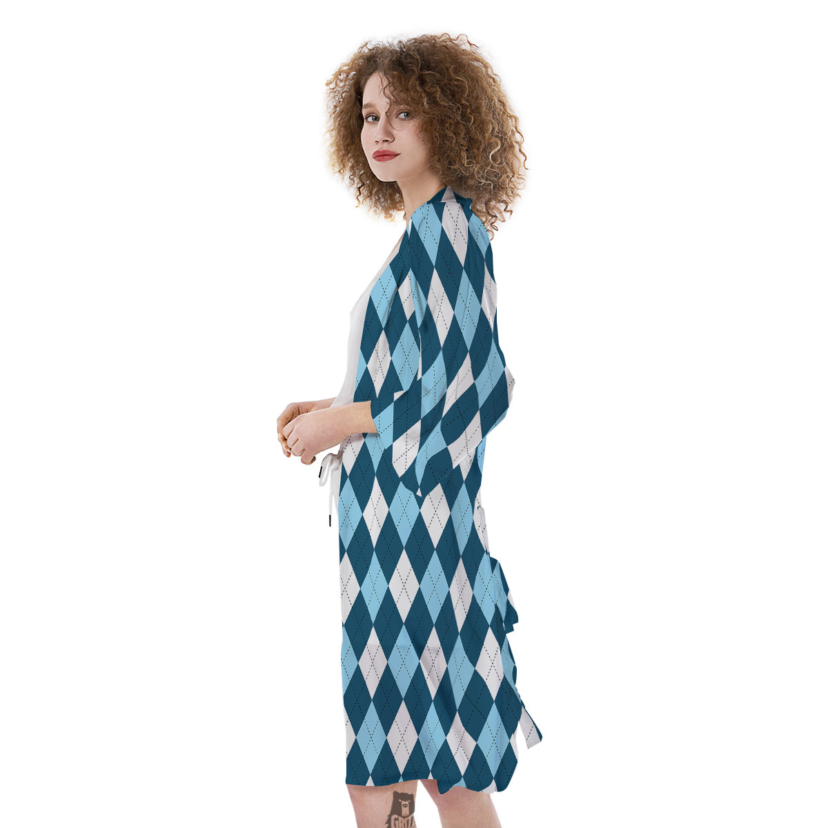 Argyle Blue And White Print Pattern Kimono-grizzshop