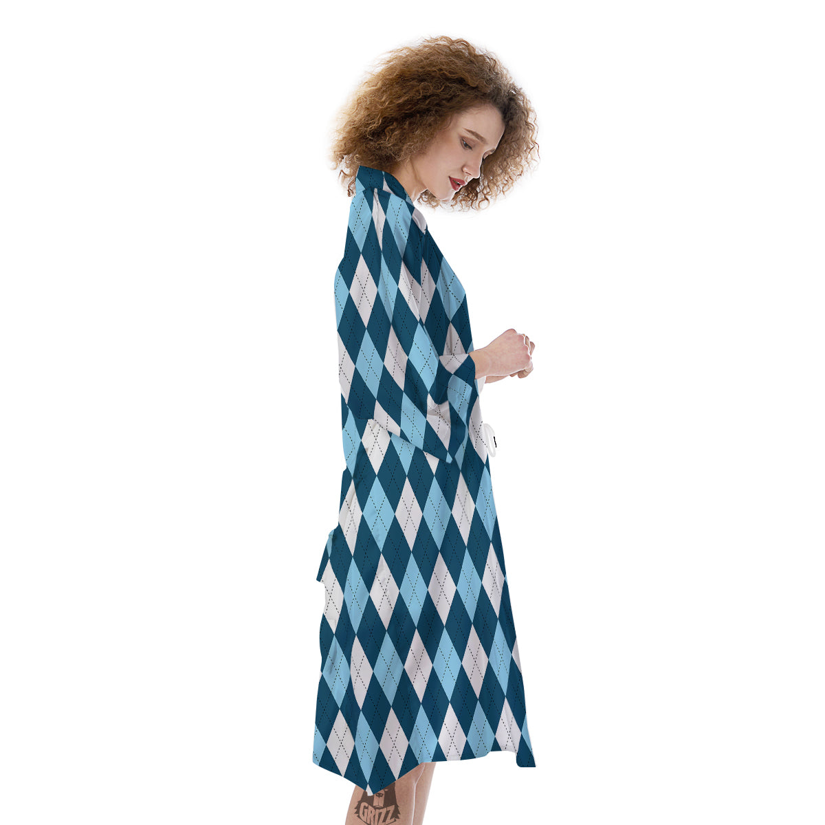 Argyle Blue And White Print Pattern Kimono-grizzshop