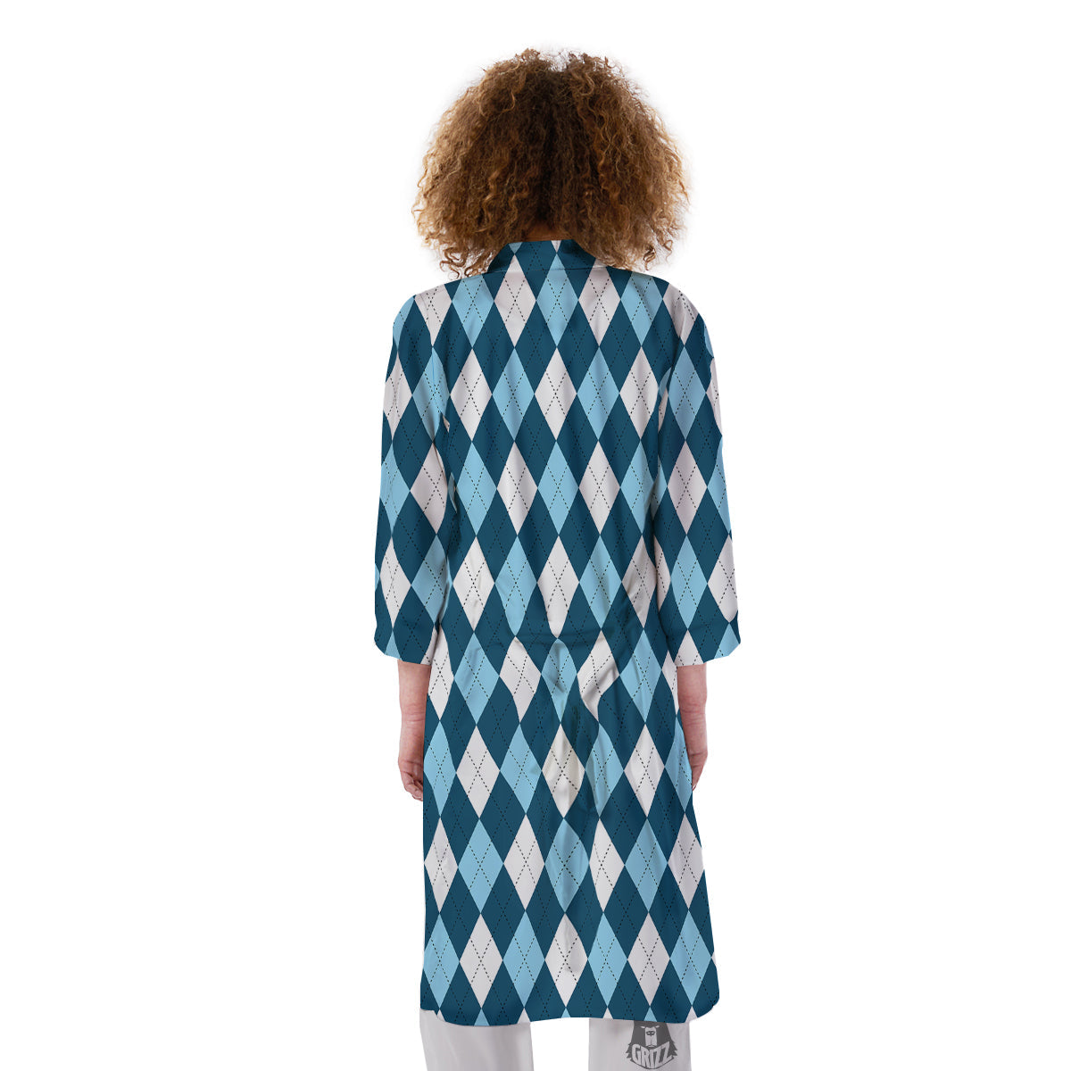 Argyle Blue And White Print Pattern Kimono-grizzshop