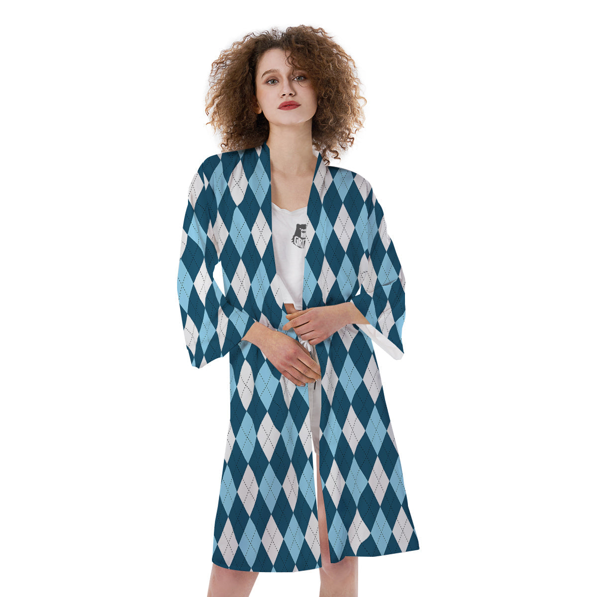 Argyle Blue And White Print Pattern Kimono-grizzshop