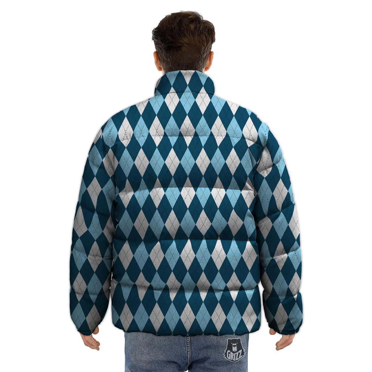 Argyle Blue And White Print Pattern Puffer Jacket-grizzshop