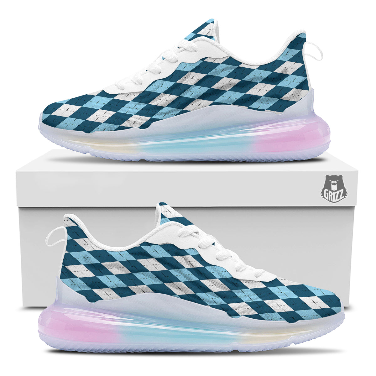 Argyle Blue And White Print Pattern Running Sneakers-grizzshop