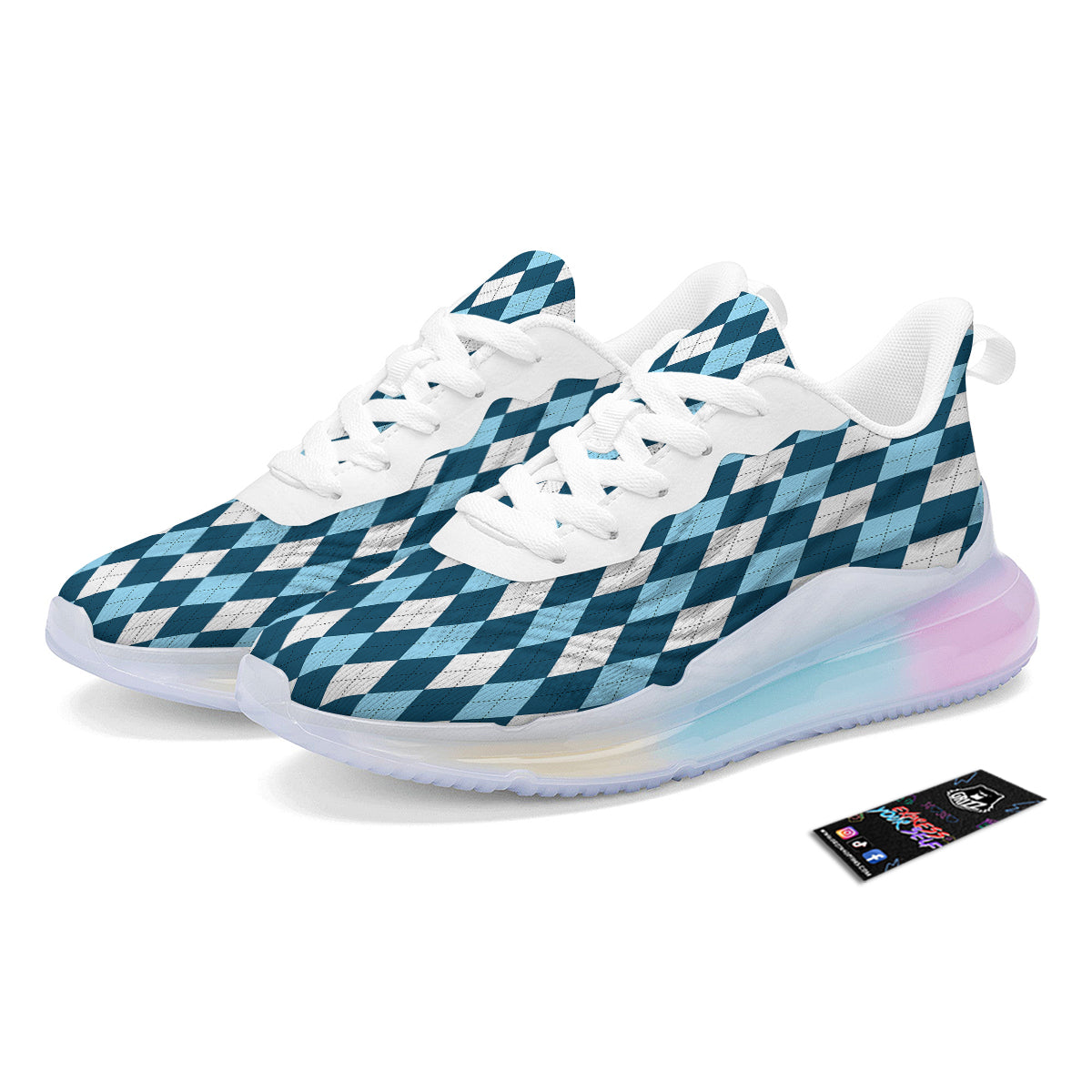 Argyle Blue And White Print Pattern Running Sneakers-grizzshop