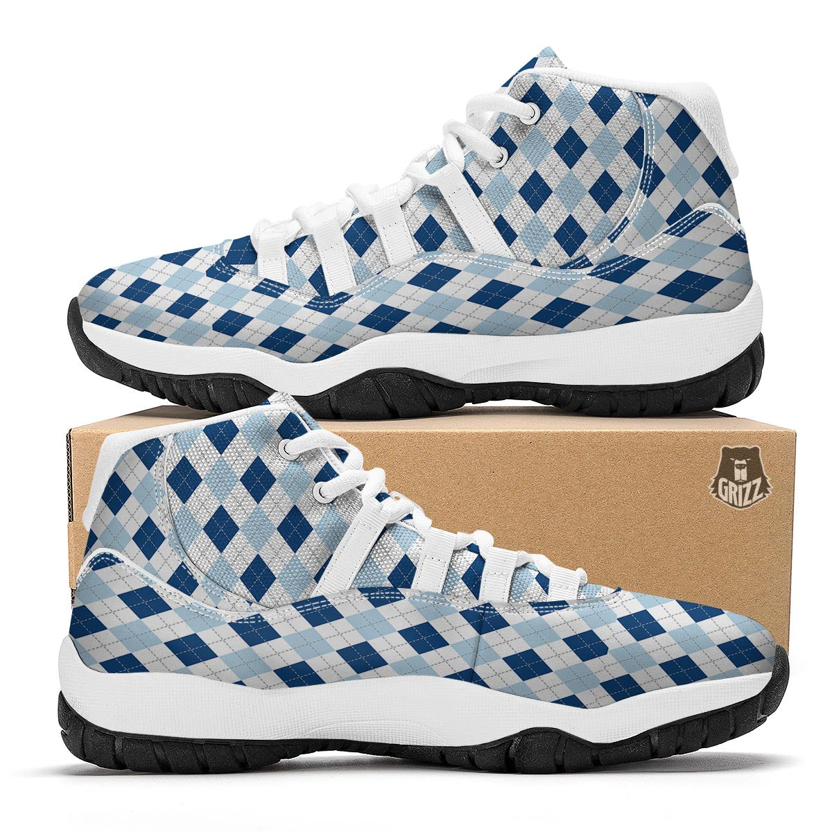 Argyle Blue Pattern Print White Bball Shoes-grizzshop
