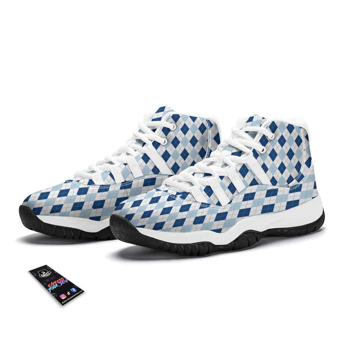Argyle Blue Pattern Print White Bball Shoes-grizzshop