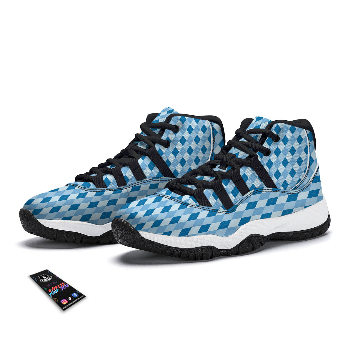 Argyle Blue Print Pattern Black Bball Shoes-grizzshop