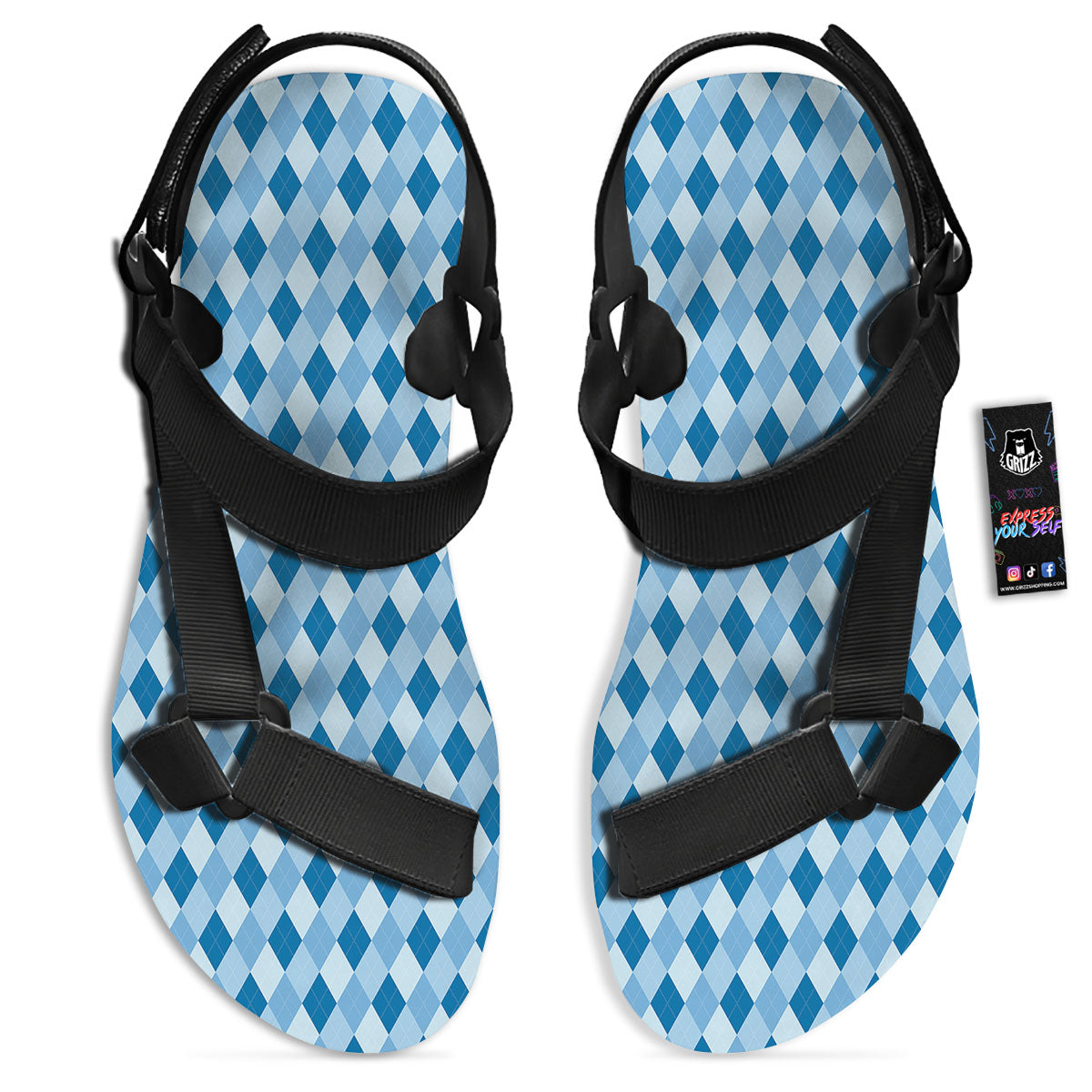 Argyle Blue Print Pattern Black Open Toe Sandals-grizzshop