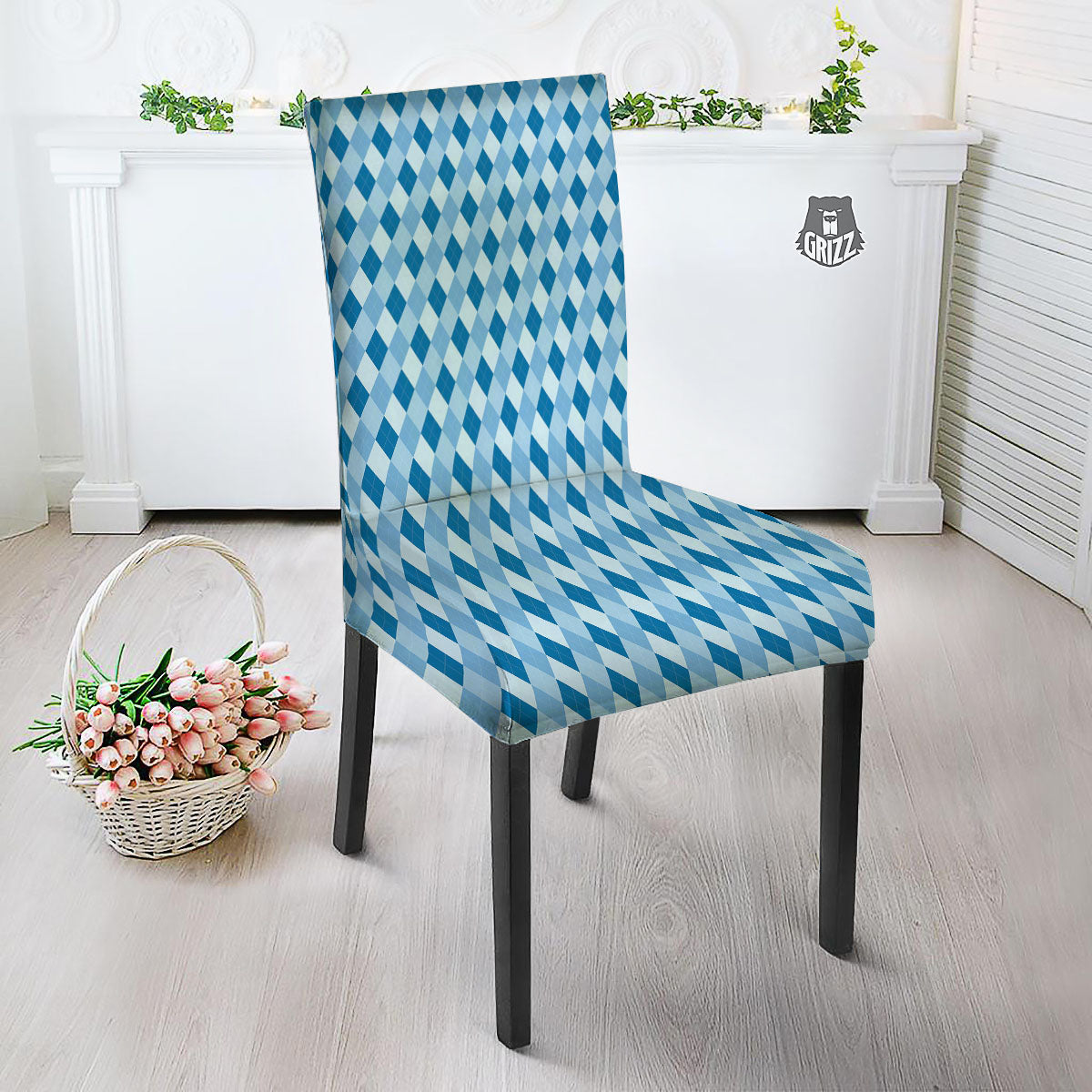 Argyle Blue Print Pattern Dining Chair Slipcover-grizzshop