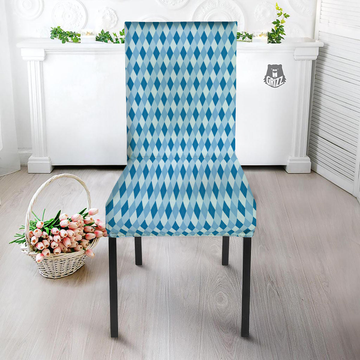 Argyle Blue Print Pattern Dining Chair Slipcover-grizzshop