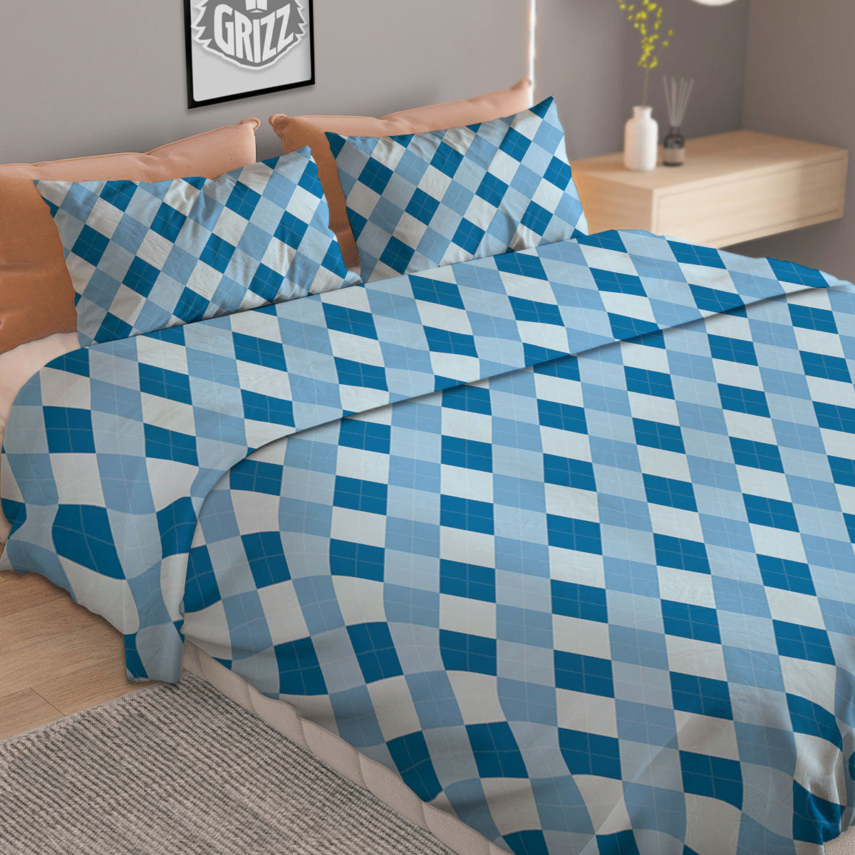 Argyle Blue Print Pattern Duvet Cover Bedding Set-grizzshop
