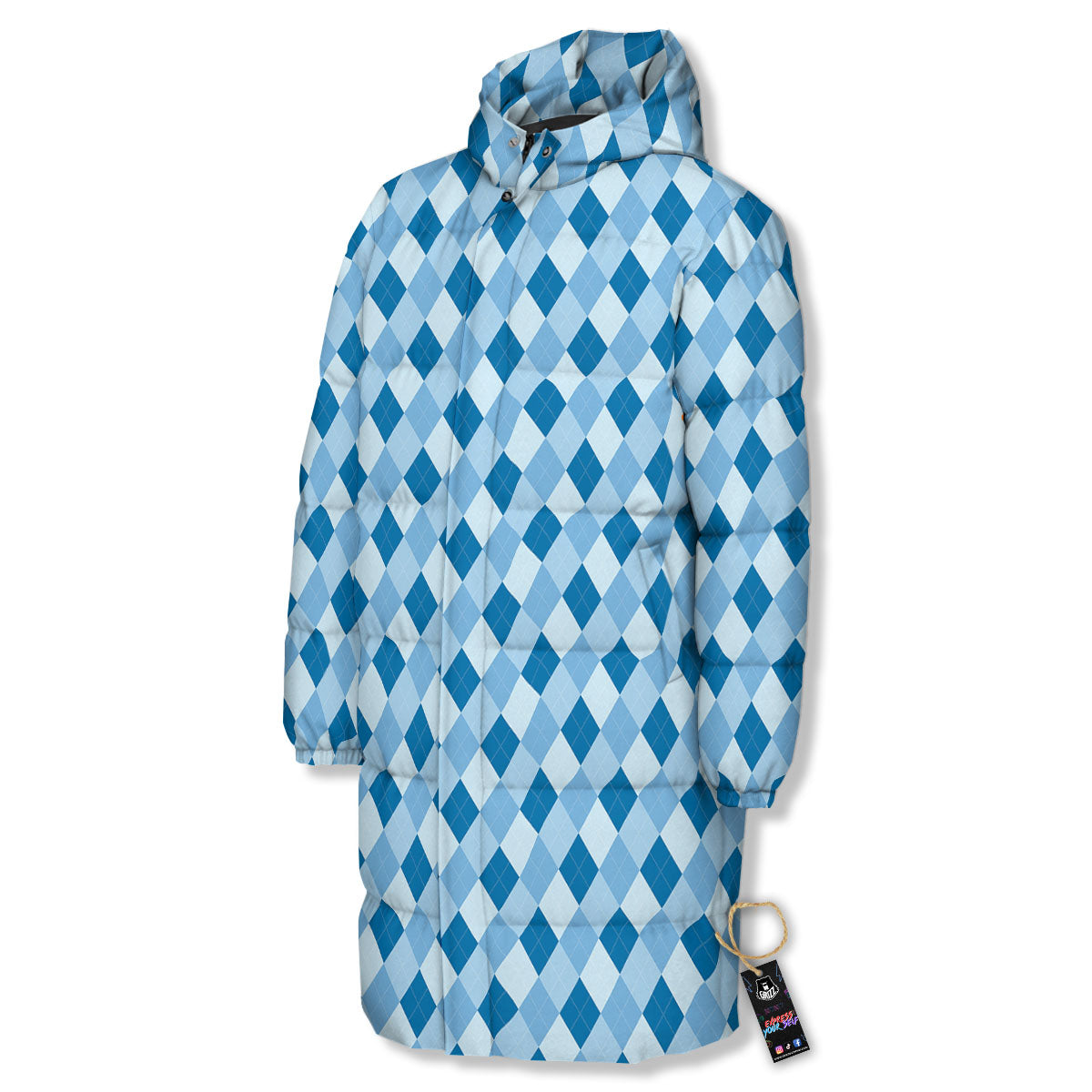 Argyle Blue Print Pattern Long Down Jacket-grizzshop