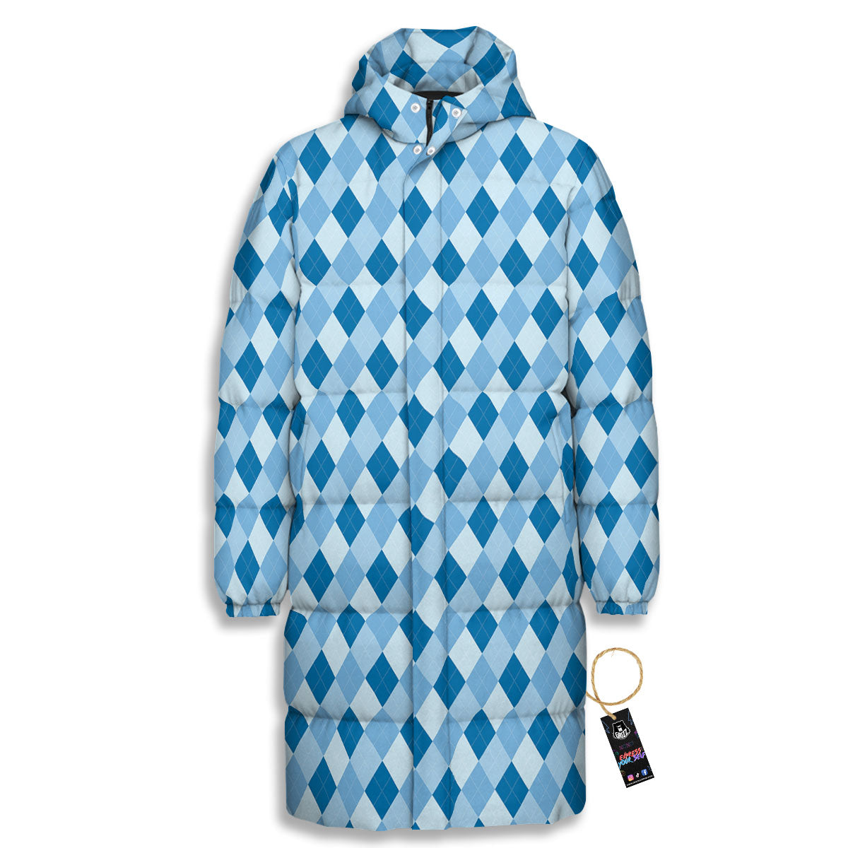 Argyle Blue Print Pattern Long Down Jacket-grizzshop