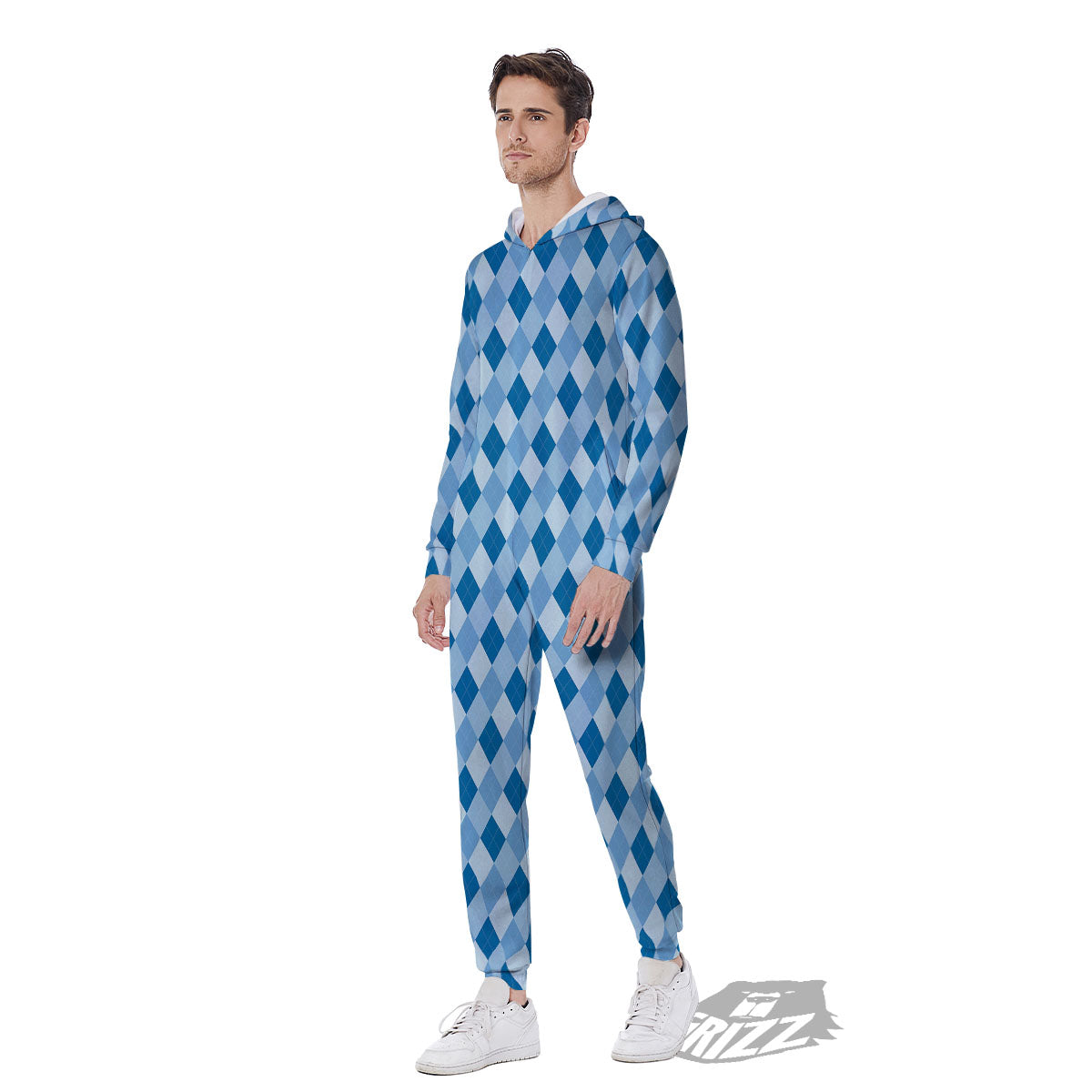 Argyle Blue Print Pattern Men's Jumpsuit-grizzshop
