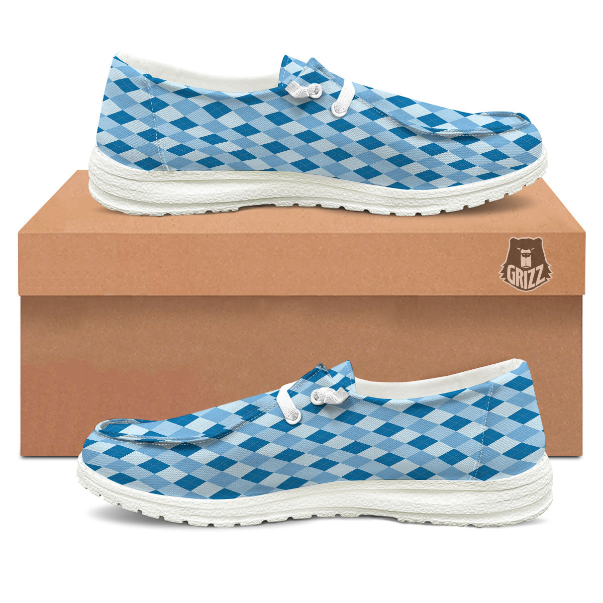 Argyle Blue Print Pattern White Loafers-grizzshop
