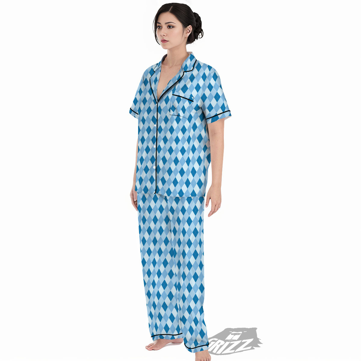 Argyle Blue Print Pattern Women's Pajamas Set-grizzshop