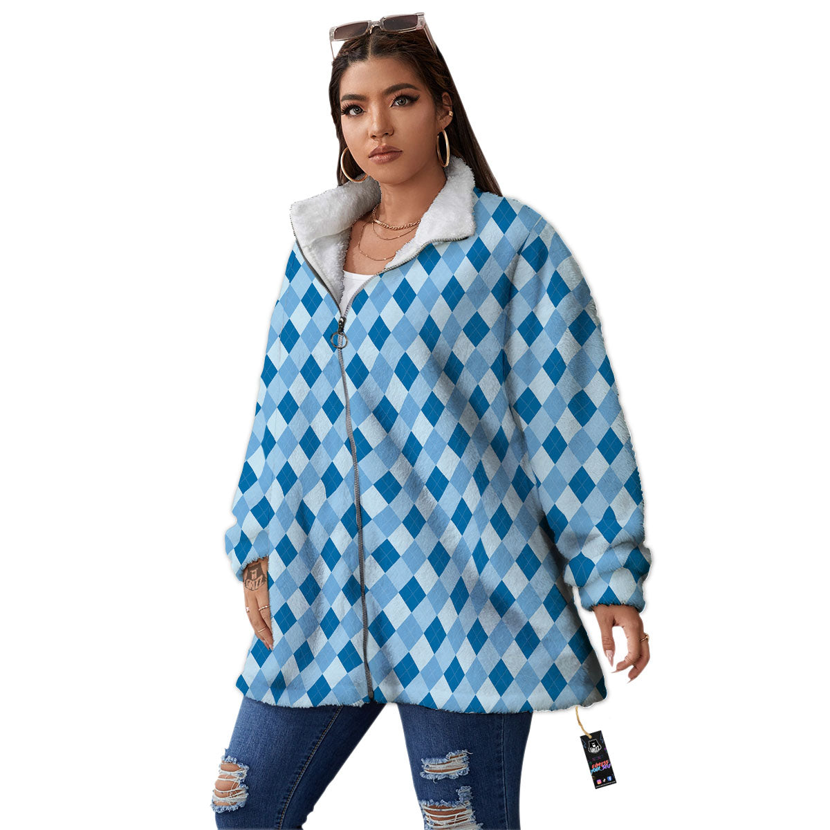 Argyle Blue Print Pattern Women's Sherpa Jacket-grizzshop