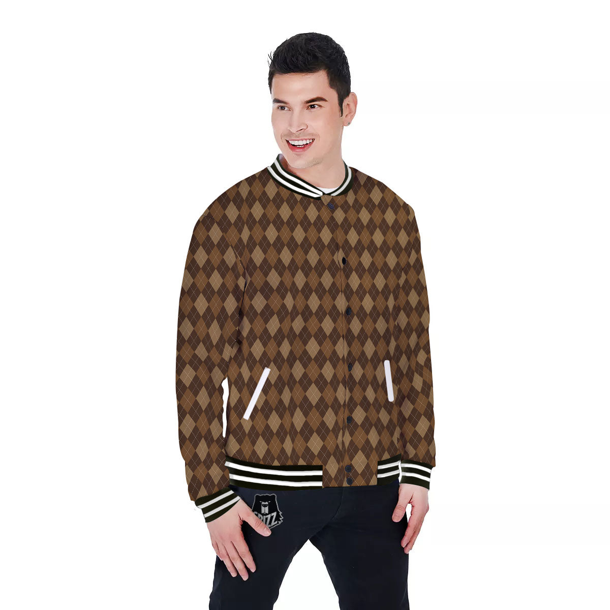 Argyle Brown Print Pattern Baseball Jacket-grizzshop