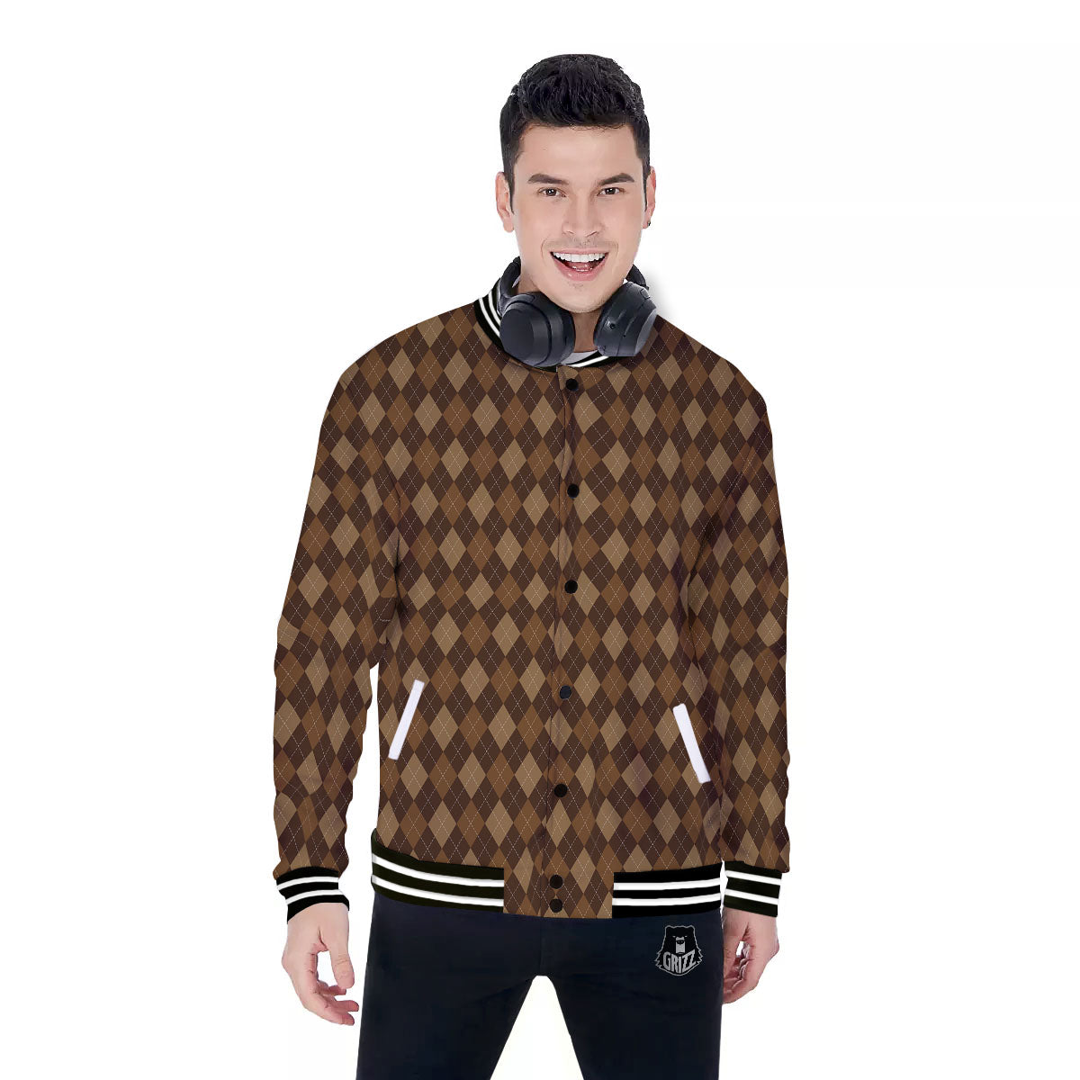Argyle Brown Print Pattern Baseball Jacket-grizzshop