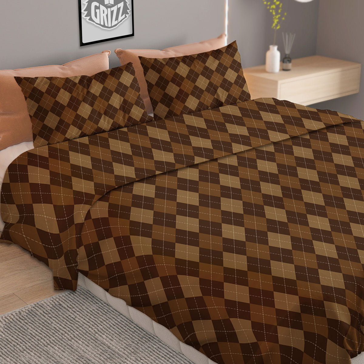 Argyle Brown Print Pattern Duvet Cover Bedding Set-grizzshop