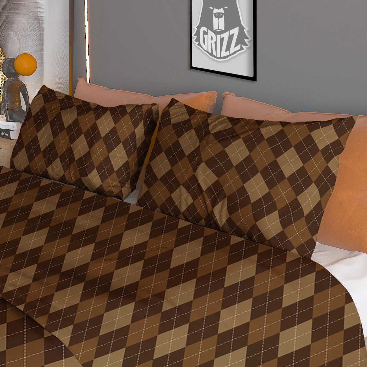 Argyle Brown Print Pattern Duvet Cover Bedding Set-grizzshop