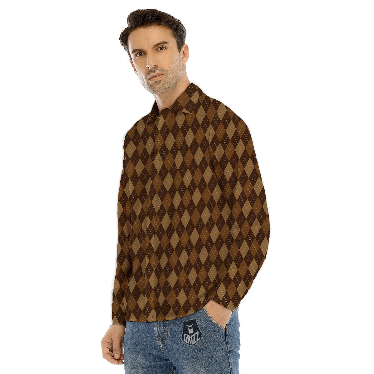 Argyle Brown Print Pattern Men's Dress Shirts-grizzshop