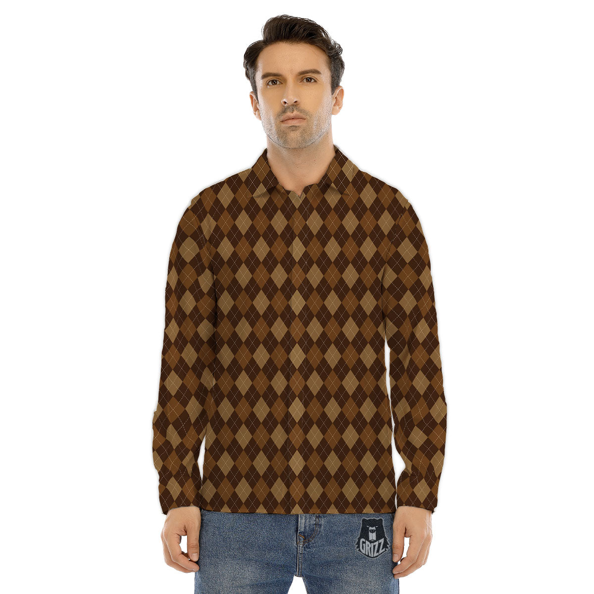 Argyle Brown Print Pattern Men's Dress Shirts-grizzshop