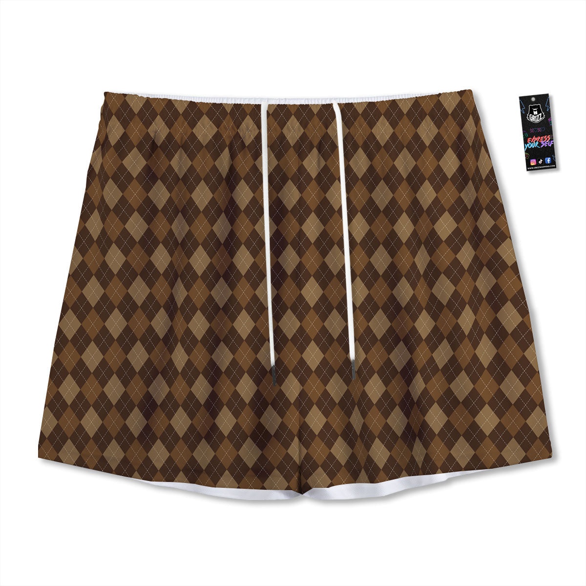 Argyle Brown Print Pattern Mesh Shorts-grizzshop
