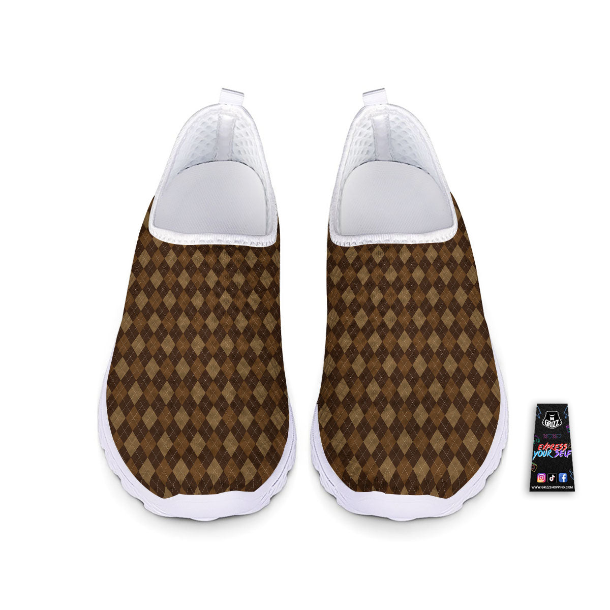 Argyle Brown Print Pattern Nurse Shoes-grizzshop