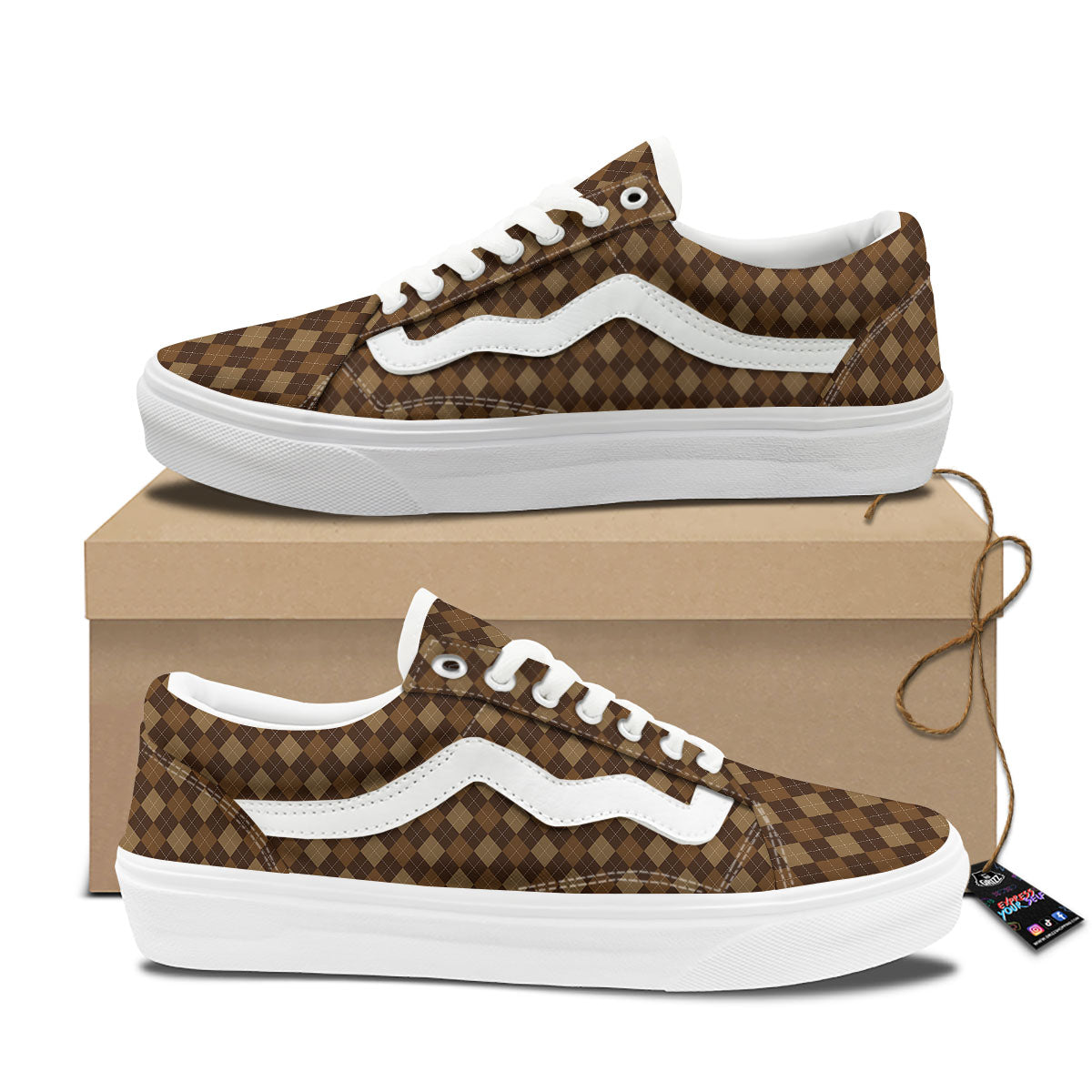 Argyle Brown Print Pattern Skate Shoes-grizzshop