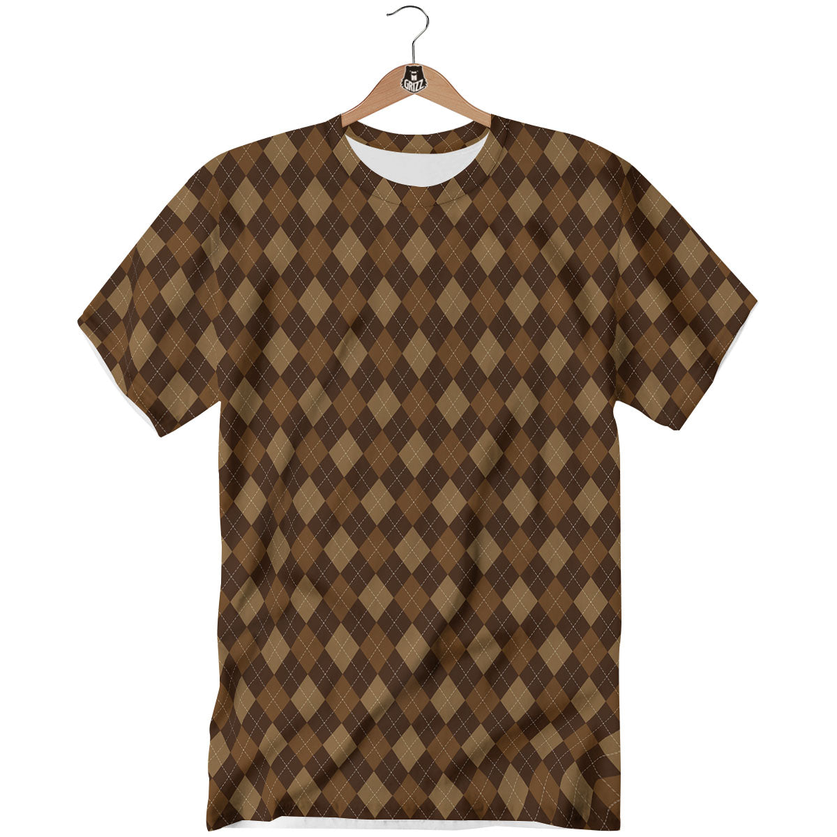 Argyle Brown Print Pattern T-Shirt-grizzshop