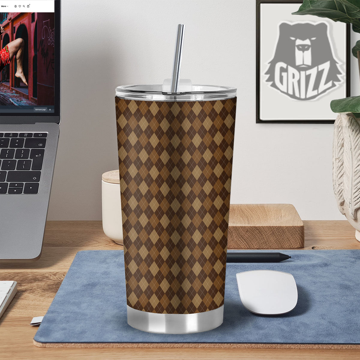 Argyle Brown Print Pattern Tumbler-grizzshop