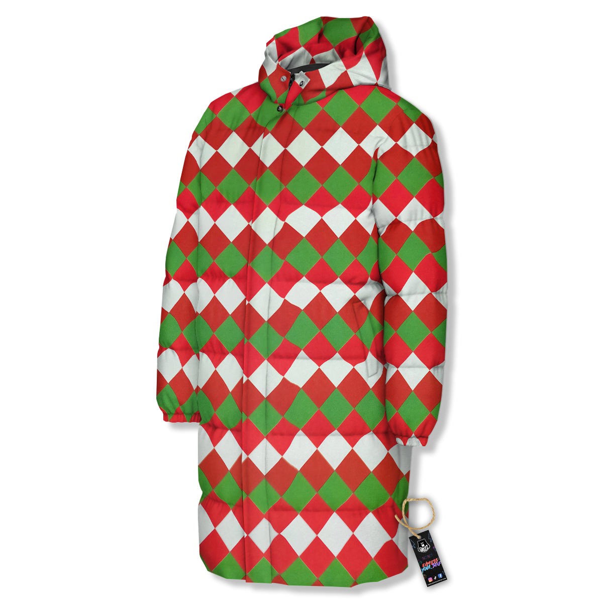Argyle Christmas Themed Print Pattern Long Down Jacket-grizzshop