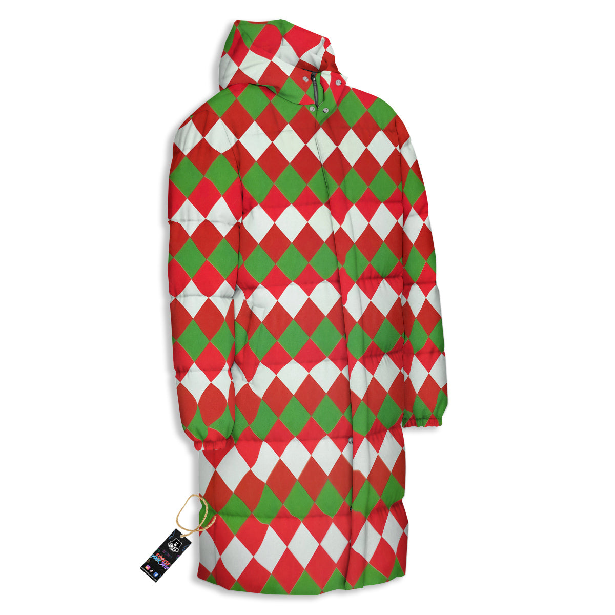 Argyle Christmas Themed Print Pattern Long Down Jacket-grizzshop