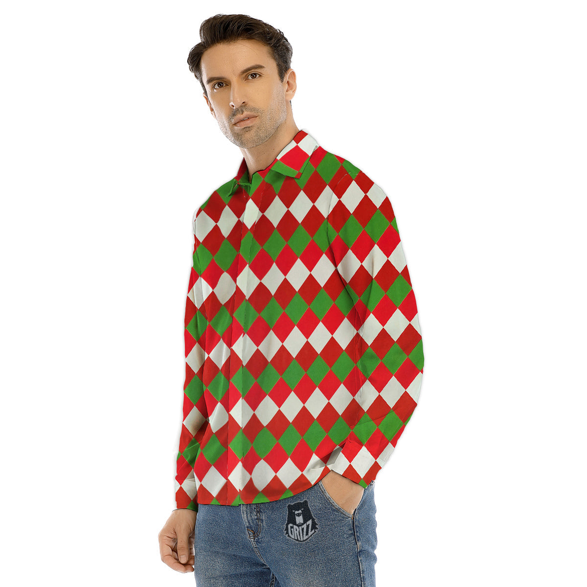 Argyle Christmas Themed Print Pattern Men's Dress Shirts-grizzshop