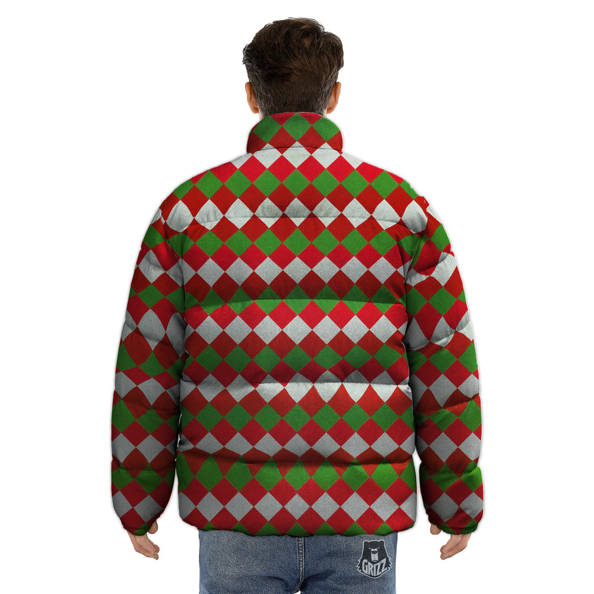 Argyle Christmas Themed Print Pattern Puffer Jacket-grizzshop