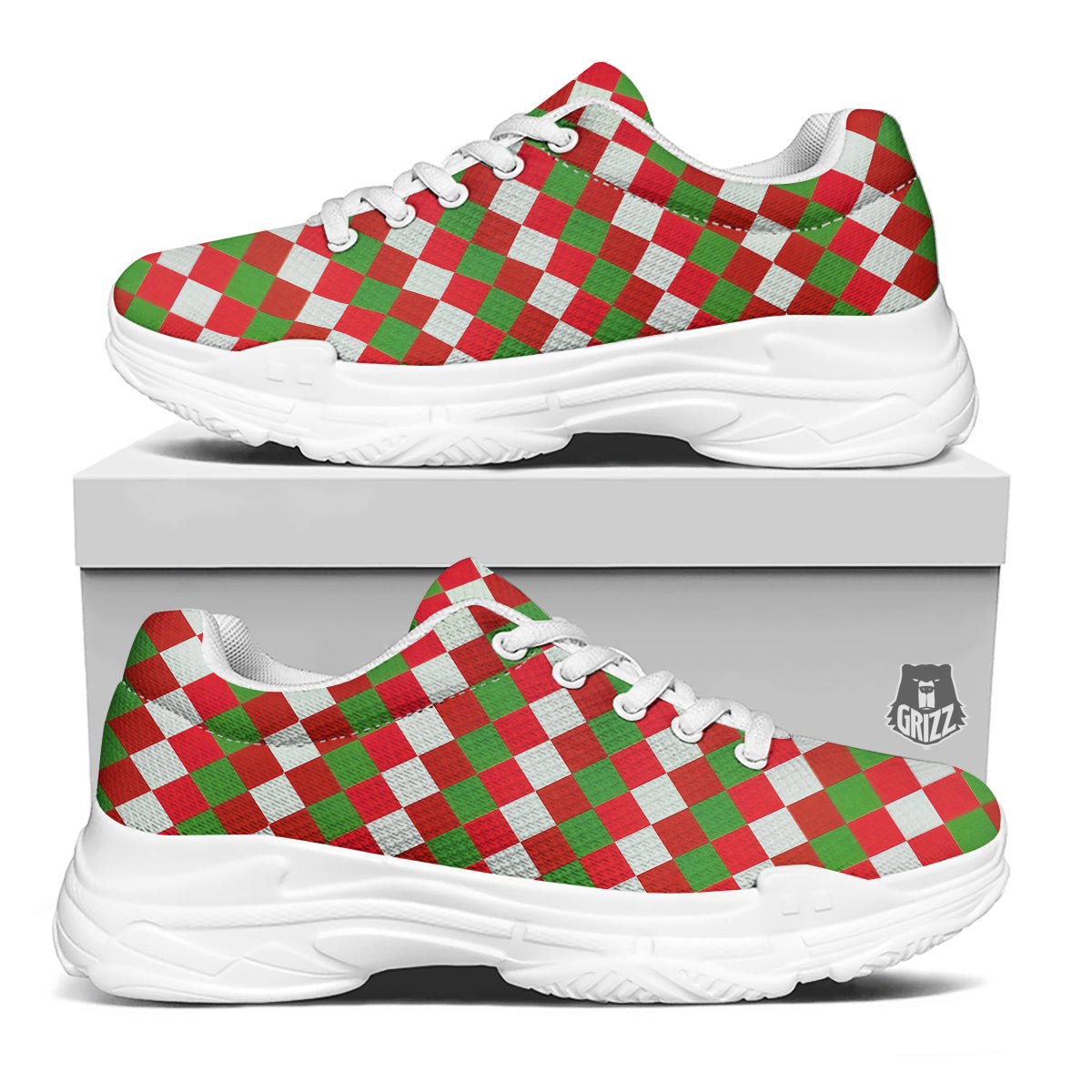 Argyle Christmas Themed Print Pattern White Chunky Shoes-grizzshop