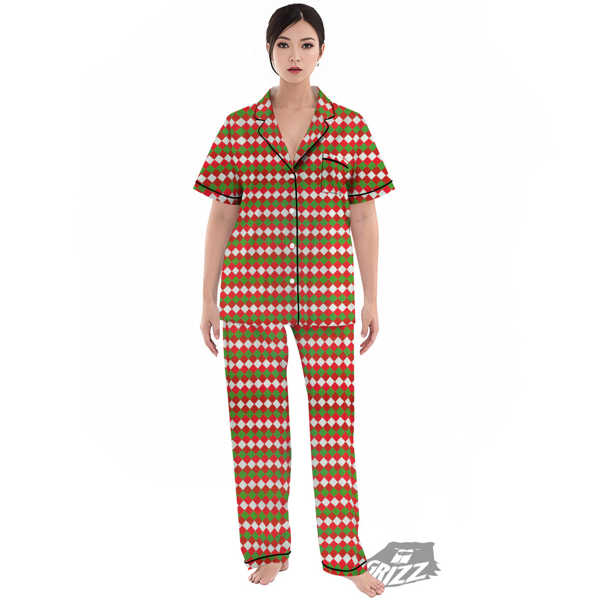 Argyle Christmas Themed Print Pattern Women's Pajamas Set-grizzshop
