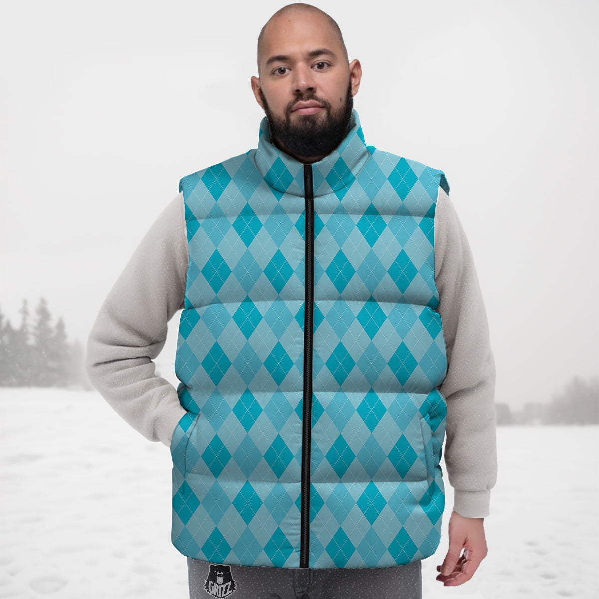 Argyle Classic Blue Print Pattern Down Vest-grizzshop