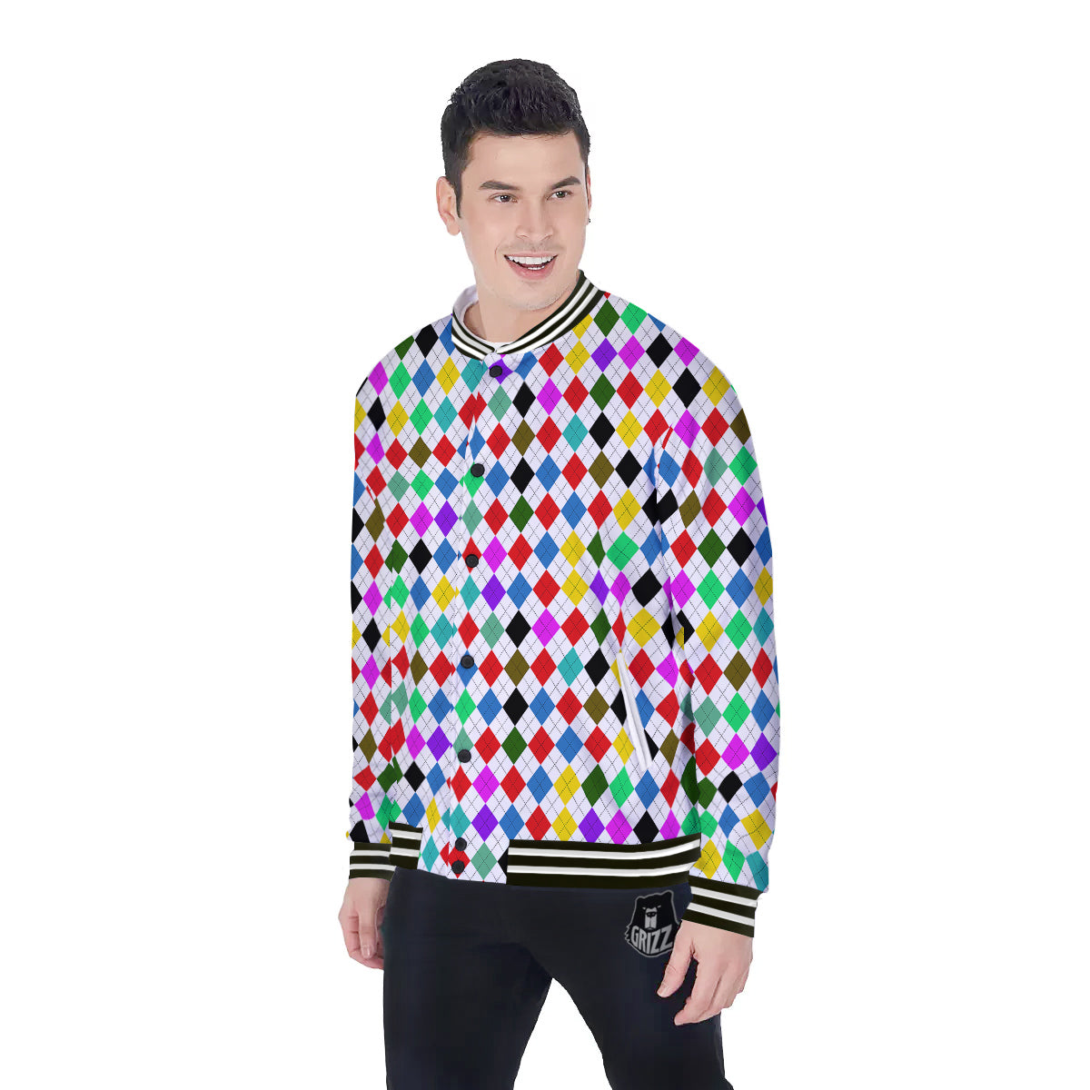 Argyle Colorful Print Pattern Baseball Jacket-grizzshop